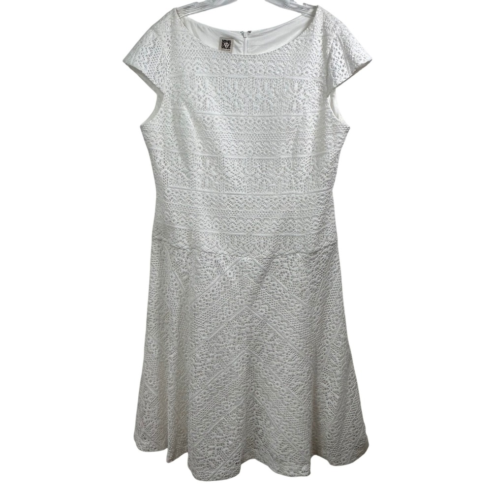 Anne Klein White Geometric Lace Cap Sleeve A-Line Dress Size 16